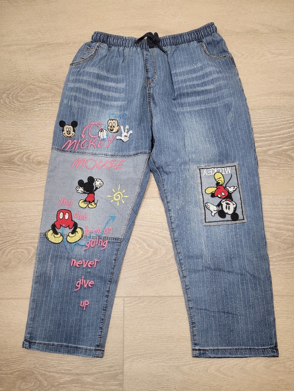 Y2K Mickey Mouse Blue Denim Embroidery Pull Up Pant Size: W27